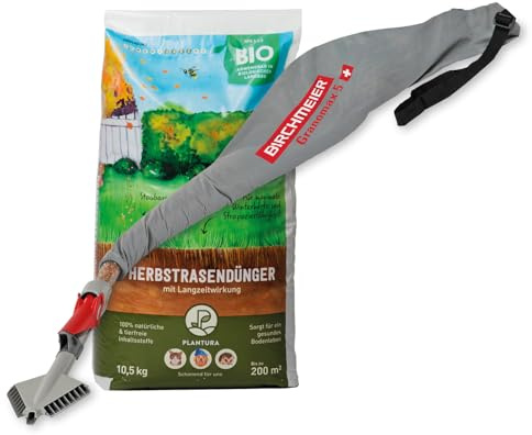 Plantura Bio-Herbstrasendünger, 10,5 kg + Birchmeier Granomax 5 Streugerät | Für 200 m², 3 Monate Langzeitwirkung, Kaliumdünger für maximale Winterhärte, anwendbar im biologischen Landbau