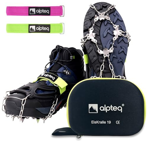 Alpteq® EisKralle – Grödel Steigeisen mit 19 Edelstahl-Spikes – Eiskrallen & Schuhspikes für Wanderschuhe – Anti-Rutsch Schuhkrallen für EIS & Schnee – Ideal zum Wandern, Joggen & Klettern im Winter