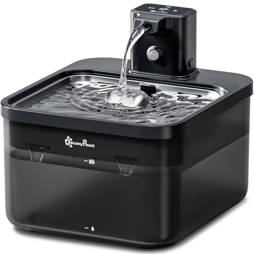 DownyPaws 2.5L Trinkbrunnen für Katze Kabellos, Katzenbrunnen Kabellos mit Bewegungsmelder, Batteriebetrieben Katzentrinkbrunnen, 4000mAh, Leise Wasserpumpe, Tablett aus Edelstahl für Katze, Schwarz