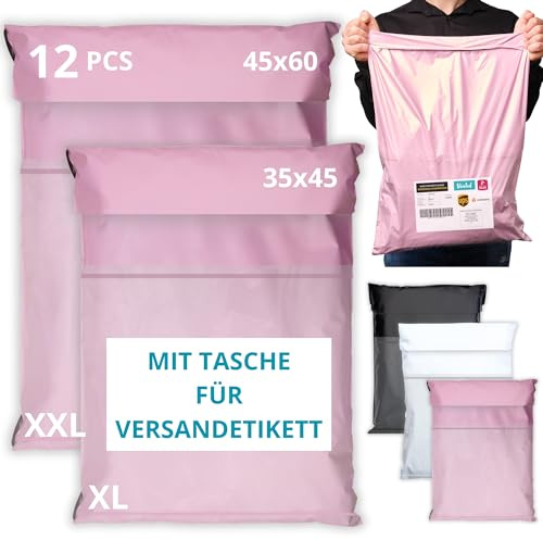 EMBALLAX - 12 Versandtaschen MIT TASCHE FÜR VERSANDETIKETT - 2 Größen XL/XXL - WIDERSTANDSFÄHIG/WASSERDICHT - Versandtüten für Kleidung - Warensendung Umschlag für Kartons - Versandbeutel A4