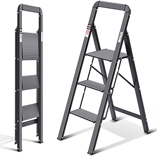 KINGRACK Leiter Aluminium, Trittleiter 3 Stufen klappbar, Leiter 3 Stufen mit Handlauf Belastbar bis 150 kg, rutschfeste Haushaltsleiter mit Klappsicherung, Aluleiter für Zuhause, Büro,Garten,Schwarz