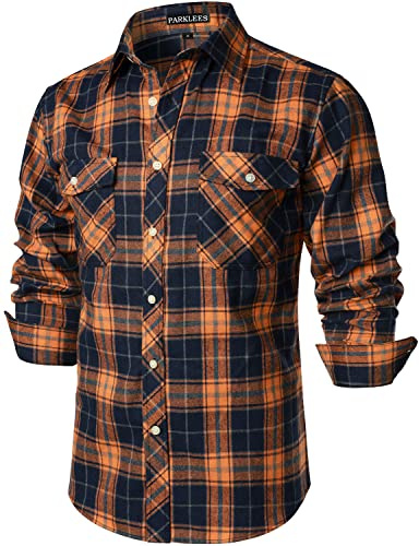 PARKLEES Herren Freizeithemden Regular Fit Button Down Check Kariert Flanellhemden mit Taschen