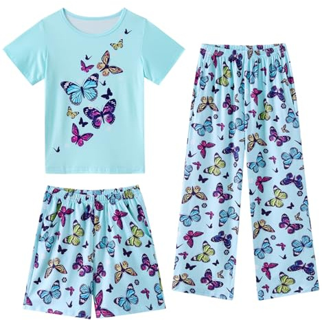 Fanient Schlafanzug für Mädchen Blau Schmetterling Drucken Pyjamas Mädchen Niedliche Kurzarm Dreiteiliger Pyjama Sets 9-10 Jahre
