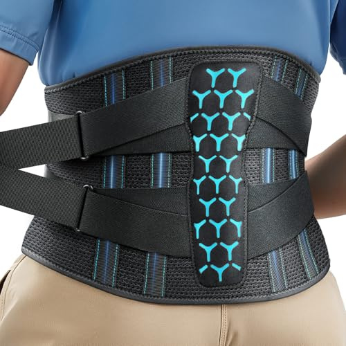 Rakiie Rückenstützgürtel mit Stützstreben Verstellbare Zuggurte und Weiches Atmungsaktives Netzgewebe, Rückenbandage für Rückenschmerzen bei Herren und Damen (Blau, M)