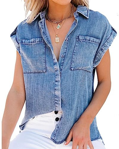 Bluse Damen,Damen-Jeansbluse Sommer-Vintage-Waschung Verblasste Hemden Mit V-Ausschnitt Oberteile Lässige Lockere Ärmellose Blusen Mit Knopfleiste Tunika-Oberteile Distressed-Chambray-Jeans-Wester