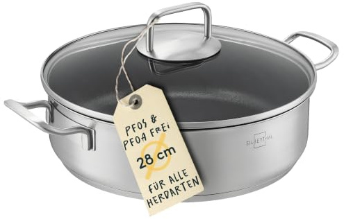 SILBERTHAL Schmorpfanne 28 cm Beschichtet mit Deckel – PFOA-frei, 5L | Für alle Herdarten inkl. Induktion, bis 250 °C backofengeeignet, spülmaschinenfest