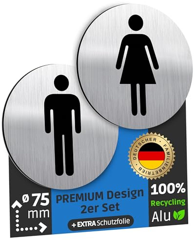 SCHILDERBOXX® WC Schild Selbstklebend - 2er Set Toilettenschild Damen und Herren [Ø75mm, 100% Alu, extra-starkes Klebeband] – Türschild Toilette Aufkleber Tür, WC-Schilder, Toilettenschilder