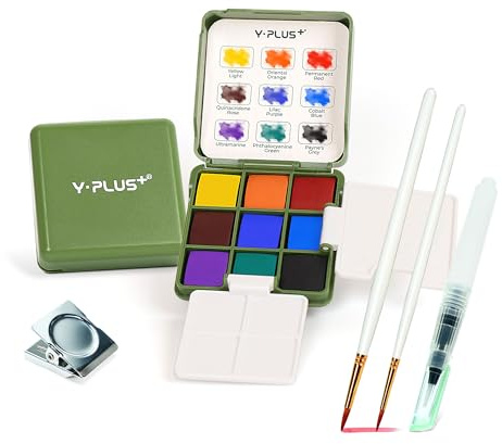 YPLUS Mini Aquarellfarben Set Taschenformat, für Anfänger und Reise | Hochwertig Ungiftig, 9 Farbblöcke 2 Pinsel Tasche, Pocket Geschenk