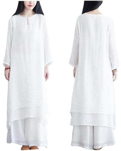 DAYKET Tai Chi Kleidung für Damen aus Seide und Leinen, Kung-Fu-Uniform, Langärmelig, Kampfsportanzug für Zen-Meditation, Morgenübungen,White-L