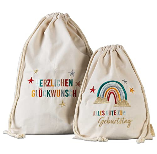 Papierdrachen 2 Geschenksäckchen zum Geburtstag - Regenbogen | Geschenkverpackung - 25x35cm und 35x50cm - mit Zugband - Baumwolle - Hochwertig bunt bestickt - für kleine Überraschungen