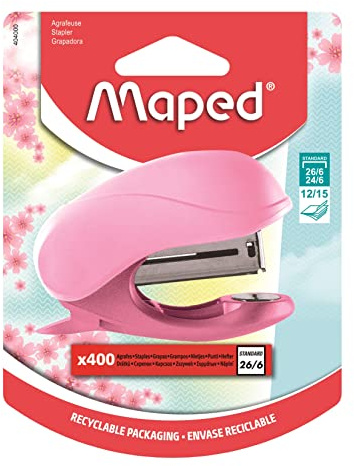 Maped - Vivo Mini-Heftgerät in Pastellrosa mit 400 Heftklammern 26/6 – Körper aus recyceltem Material – integrierter Heftentferner – kompatibel mit 24/6 und 26/6 – bindet bis zu 15 Blatt