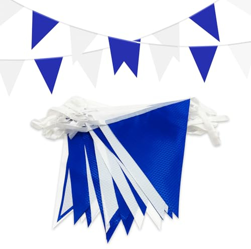 Wimpelkette mit 20 m, 56 Stück, wasserdicht, Polyester, Dreiecksflaggen, wiederverwendbar, blau-weiß, Partybanner, Partydekorationen, Geburtstag, Outdoor, Garten