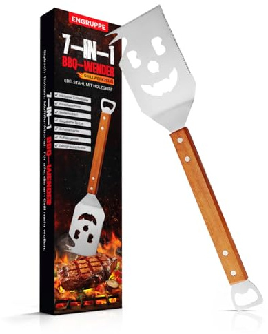 ENGRUPPE 7-in-1 Grillspachtel aus Edelstahl mit Holzgriff, Grillwender | Mit Flaschenöffner, Schaberkante, Wellenschliff, gegabelter Spitze und Aufhängeöse – für Garten und Camping