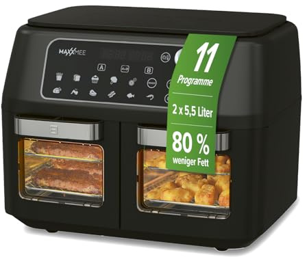 MAXXMEE Heißluft-Fritteuse Doppelkammer 11 Liter | Clevere Kombination aus Heißluftofen, Grill & Fritteuse mit 2 XXL-Frittierfächern mit je 5,5 Litern | Digitales Bedienfeld und Sichtfenster