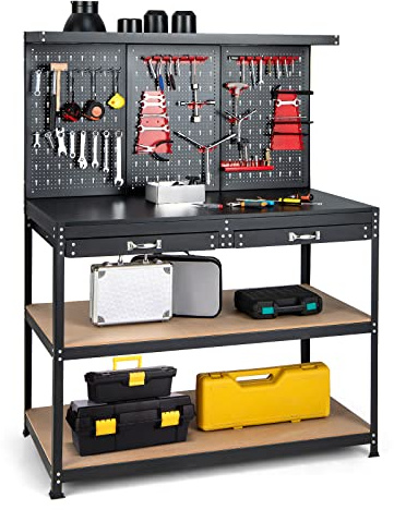 COSTWAY Werkbank, Werkzeugbank mit Lochwand, Werktisch mit Schublade, große Arbeitsplatte & 3 Ablagen, inkl. 13 Zubehörteile zum Aufhängen, Arbeitstisch für Garage und Werkstatt (121 x 61 x 156 cm)