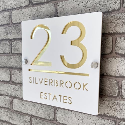 Personalisiertes 3D-Hausnummernschild aus Acryl, weiß und gold, schwebende Zahlen, wetterfeste Beschilderung für Innen- und Außentür, ideal für Haus, Hotel, Wohnung, Geschäft