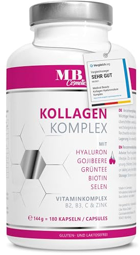 Kollagen Hyaluronsäure Komplex - 1000 mg mit dem Superfood Gojibeere und Grüntee - 180 Kapseln vom Weiderind. Premium Kollagen Hydrolysat mit Biotin, Selen, Zink, C, B2 und B3 - MB Cosmetics