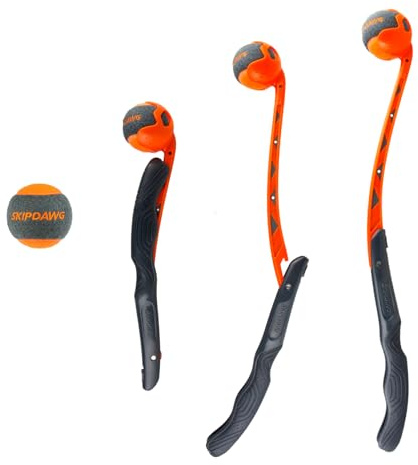 SKIPDAWG Ballschleuder Ball für Hunde Wurfgerät Hundespielzeug inkl. Tennisball I Faltmechanismus halbiert Länge auf 30 cm I Rucksack oder Tasche