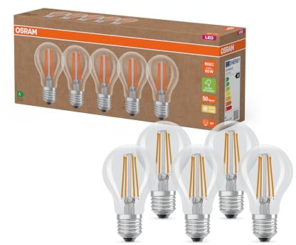 Osram Hocheffiziente LED Lampen mit Energieeffizienz Klasse A, Vorteilspack mit 5 Leuchtmittel, ersetzt herkömmliche 60W Glühbirnen, warmweiß(2700K), E27, Filament Glas