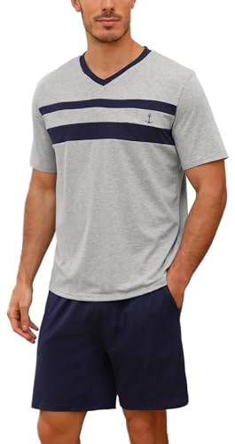 Nieery Schlafanzug Herren kurz Baumwolle Sommer Pyjama Set Kurzarm V-Ausschnitt T-Shirt und Shorty Schlafanzughose