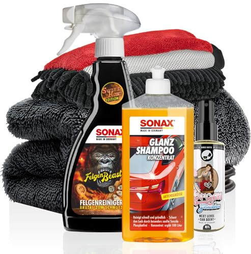 Autowäsche Set - SONAX: Autoshampoo Konzentrat, Felgenbeast Felgenreiniger - Detailmate: Trockentuch, Waschhandschuh - Nuke Guys Lufterfrischer Duftspray - Autoreinigungsset Aussen