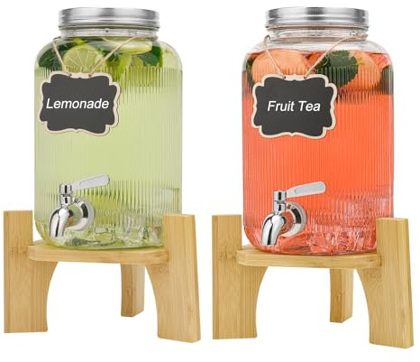 2 Stück 4L Getränkespender Aus Glas Mit Zapfhahn, Ständer Und Edelstahlhahn - Für Partys, Cocktails, Saft, Wasser Und Getränke