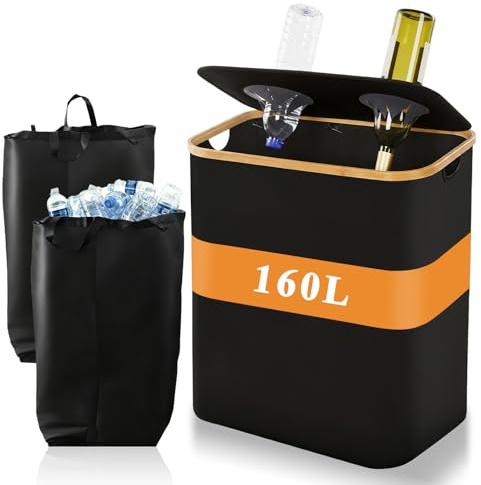 ZCLIKEU Pfandflaschen Sammelbehälter 2 Fächer 160L Groß Pfandflaschen Behälter mit Deckel, Faltbar Wasserdicht Flaschensammler Leergut & Altglas Organizer Für Küche - Schwarz