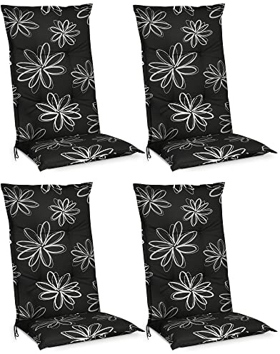 Beautissu 4er Set Hochlehner Auflage für Gartenstuhl UV-Lichtecht Blumen | 120x50cm 6cm Dicke schwarz mit Polster Sitzpolster Gartenstuhlauflage Gartenpolster Kissen Flores