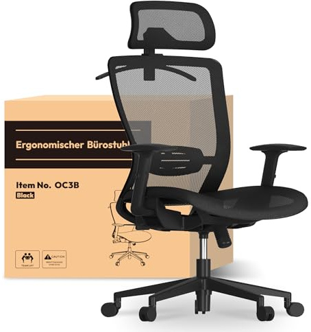 FLEXISPOT OC3 Bürostuhl Ergonomisch Schreibtischstuhl Computerstuhl Höhenverstellbarer Sitz Kopfstütze Armlehne Lendenwirbelstütze Lenkrollen Arbeitsstuhl (Schwarz)