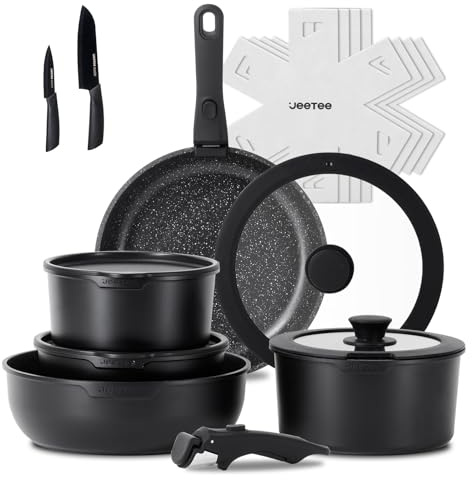 JEETEE Topf und Pfannensets mit abnehmbarem Griff 17-Teilig, Antihaft Pfanneset, Topfset Induktion, Kochtopf Set mit Deckel und Messer, Alle Herde kompatibel, PFOS/PFOA frei, Schwarz