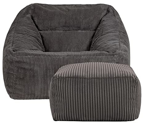 Icon Natalia Sitzsack Sessel mit Hocker für Erwachsene, Dunkelgrau, Flauschiger Cord Stoff, Riesen Sitzsack Cord mit Füllung, Bean Bag Chair, Bequemer Sessel Wohnzimmer, Lounge, Schlafzimmer, Büro