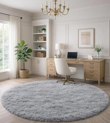 ROHATIM Teppich Schlafzimmer Rund 150 cm grau Waschbar Rutschfester Runder Hochflorteppich Wohnzimmer Kinderzimmer Flauschig