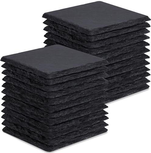24 Stück Schiefer-Getränkeuntersetzer, GOH DODD 4 Zoll Schwarze Steinuntersetzer Set, Lasergravierte Blanko-Untersetzer mit Anti-Kratz-Boden für Zuhause, Büro, Küche, Wohnung, Bar, Quadrat