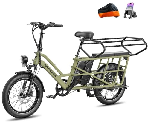 Fafrees Longtail E-Bike 20 * 3.0 Zoll, E-Lastenrad 250W 25km/h, ebike Damen 12Ah*2 Akku, E-Fahrrad 75N.m Reichweite 100-140km, Tragkraft 200kg (Vorderkorb + Kindersitz, Grün)
