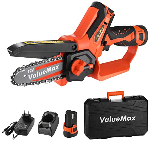 ValueMax Mini Kettensäge 12V mit 2×2000 mAh Akku, 11 cm Elektro Einhand-Kettensäge mit Ladegerät und Sicherheitsschloss, ideal zum Holzschneiden und für Gartenarbeiten