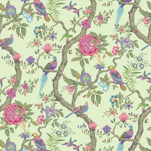 EELIKE RetroTapete Blumen Vogel Mintgrün Chinoiserie Blätter Blumentapete Vintage Mustertapete Grün Fototapete Tropische Dschungel Tapete Kinderzimmer Badezimmer Flur 44.5cm x 300cm