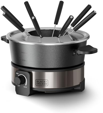 BLACK+DECKER - Fonduegerät 1000 W | 2 L | Temperaturregler bis 200°C | Schokolade, Käse, Brühe & Öl | Antihaft ohne PFOA | 8 Fonduegabeln | Kühler Griff | Spülmaschinenfest