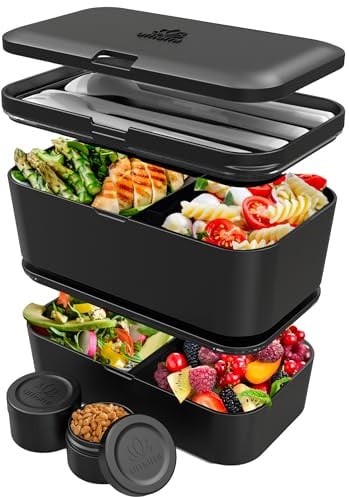 Umami Lunchbox Erwachsene, Verschachtelbar Auslaufsichere Bento Box mit 4 Bestecke & Fächern, Brotdose Erwachsene, Salatbehälter To-Go, Lunch Box für Picknick/Büro, Schwarzer Onyx, 1500 ml