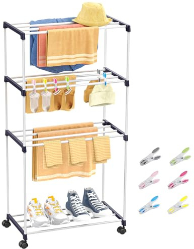 johgee Kleines Wäscheständer, Freistehender Handtuchhalter, Platzsparender Wäschetrockner Turm mit Rollen, Indoor-Trockenständer für Bäder, Wohnungen und Waschküchen 4 Ebenen