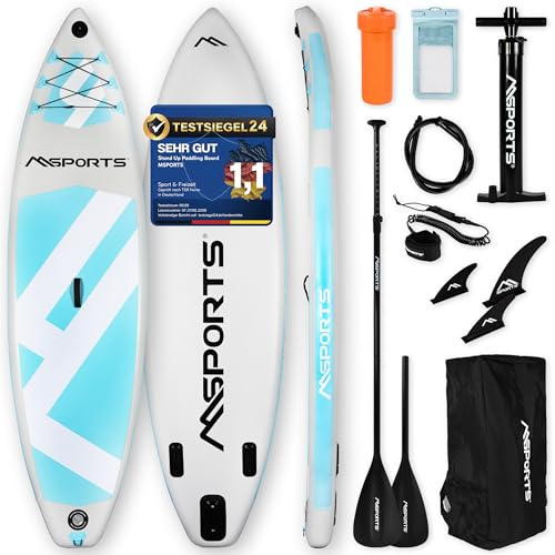 MSPORTS SUP - Stand Up Paddling Board - Aufblasbar Komplettes Paddleboard Zubehör Verstellbares Paddel, hochwertige Pumpe + 2X Paddelstock + wasserdichte Smartphone Tasche + Multifunktionstasche