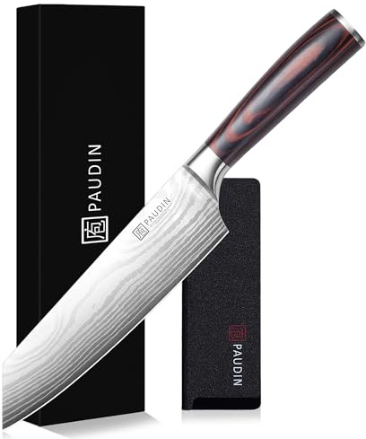 PAUDIN Santoku Messer 20 cm, Japanisches Kochmesser, Scharfes Küchenmesser | Profi Messer aus Hochkohlenstoff Edelstahl, Ergonomischer Pakkaholz Griff, Kiritsuke für Fleisch, Fisch & Gemüse