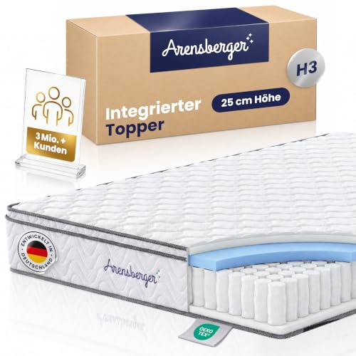 Arensberger Viktoria Matratze 100x200cm | Taschenfederkern H3 Mit Topper | Integrierter Topper Für Hotelkomfort | Härtegrad H3 Mittelfest | Öko-Tex Standard Zertifiziert | Für jedes Lattenrost
