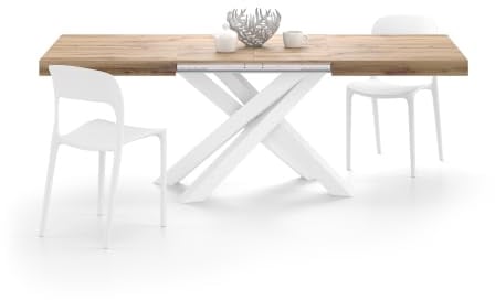 MOBILI FIVER, Ausziehbarer Esstisch Emma 140(220) x90 cm, Rustikale Eiche mit Weißen gekreuzten Beinen, Made In Italy