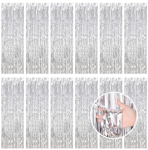 Lametta Vorhänge Hintergrund Silber, 12 Stück Glitzer Folie Fransen Luftschlangen Funkeln Vorhängen Dekoration Foto Hintergrund für Geburtstag Weihnachten Neujahr Hochzeit Disco Party, 1x2.5m