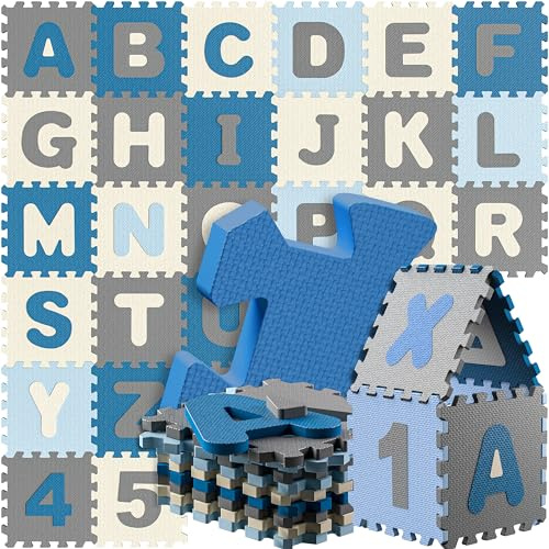 SPIELWERK 86-teilige Puzzlematte Baby Blau | ABC Matten für Kinder Spielunterlage Boden Krabbelmatte, Kinderzimmer Puzzleteppich Spielteppich für Kinder, Spielen & lernen