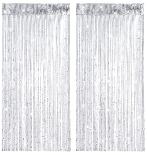 2 Stück Fadenvorhang Insektenschutz, 100x200 cm Fadengardine, Türvorhang Fadenvorhang, Fadenvorhänge, Glitzer Fadengardine, Waschbar, für Hochzeit, Café, Restaurant, Schaufensterdekoration (Grau)