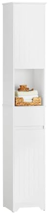 SoBuy Hochschrank Badezimmer – Schrank Badschrank schmal mit verstellbaren Regalen –feuchtigkeitsbeständiges Badmöbel, Badregal aus Holz, Weiß, 30x170x30cm, BZR109-W