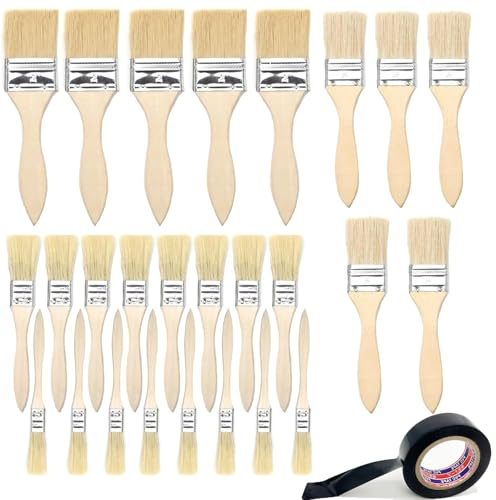 Flachpinsel Set, Pinselset mit 26 Stück, 12/25/38/50 mm Breite, Malerpinsel Set mit Holzgriff, Pinsel Set für Farben Lack Klebstoffe, Flachpinsel Lasurpinsel für DIY, Malerbedarf zum Streichen
