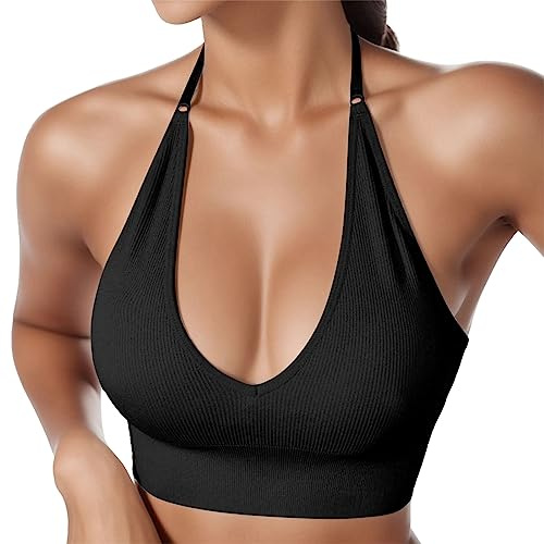 Damen Neckholder Sport BH Rückenfrei Tiefer V Ausschinitt Sport Bustier Gepolstert Sexy Gym Push Up Bra Backless Verstellbare Träger