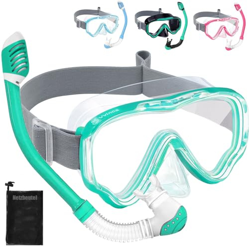 Vvinca Schnorchelset Kinder ab 4-14 Jahre Taucherbrille mit Schnorchel Tauchset Mädchen Jungs 180°Anti-Fog Anti-Leck Verstellbare Elastische Schwimmbrille Schnorchelmaske Dry Schnorchel Grün